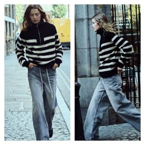 ZARA Navy Blue White Striped 1/4 Zip Oversized Knit Sweater XL NEW Blogger